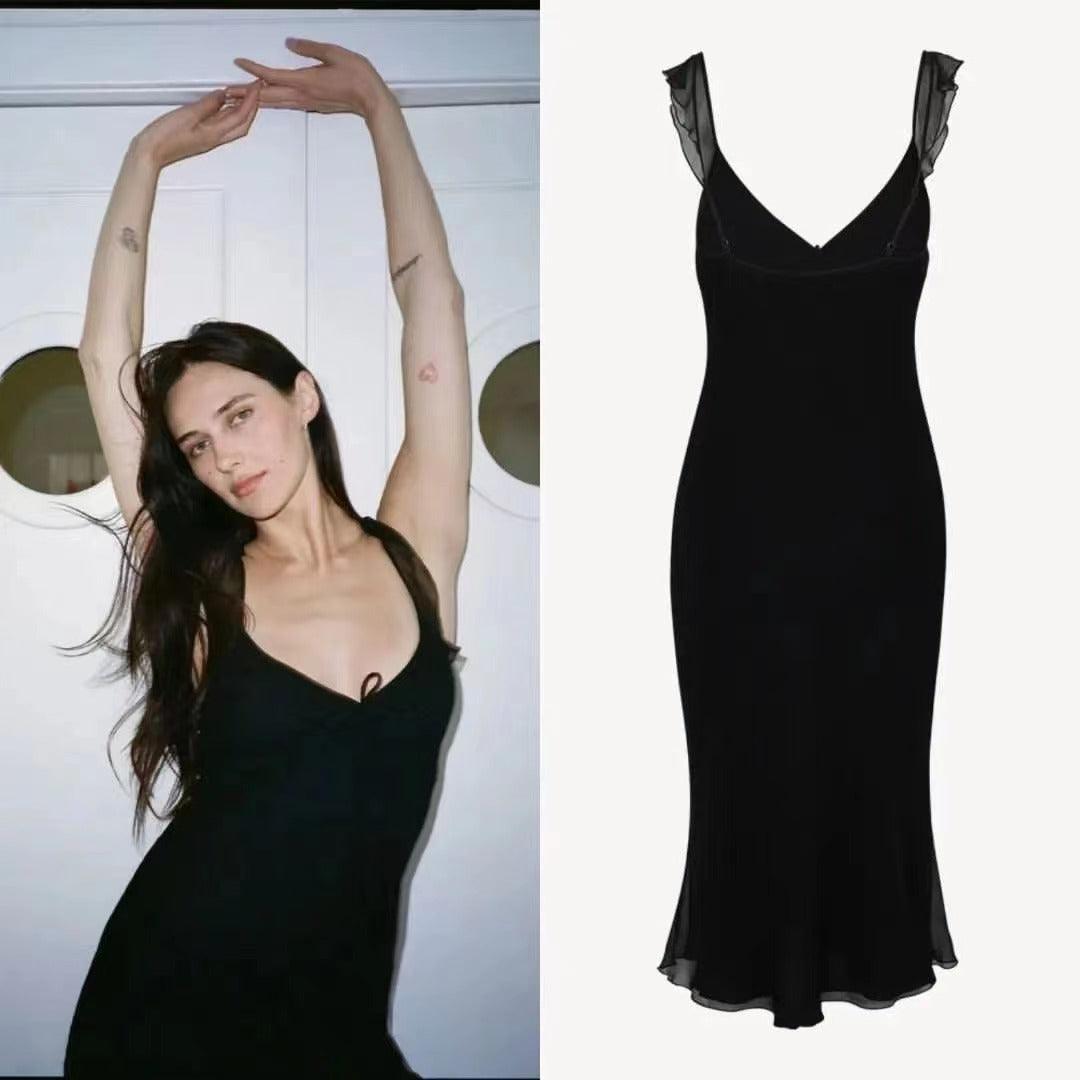 100%Silk Midi Dress Vacation Dress | THE GEMMA in Black - EnerChic -