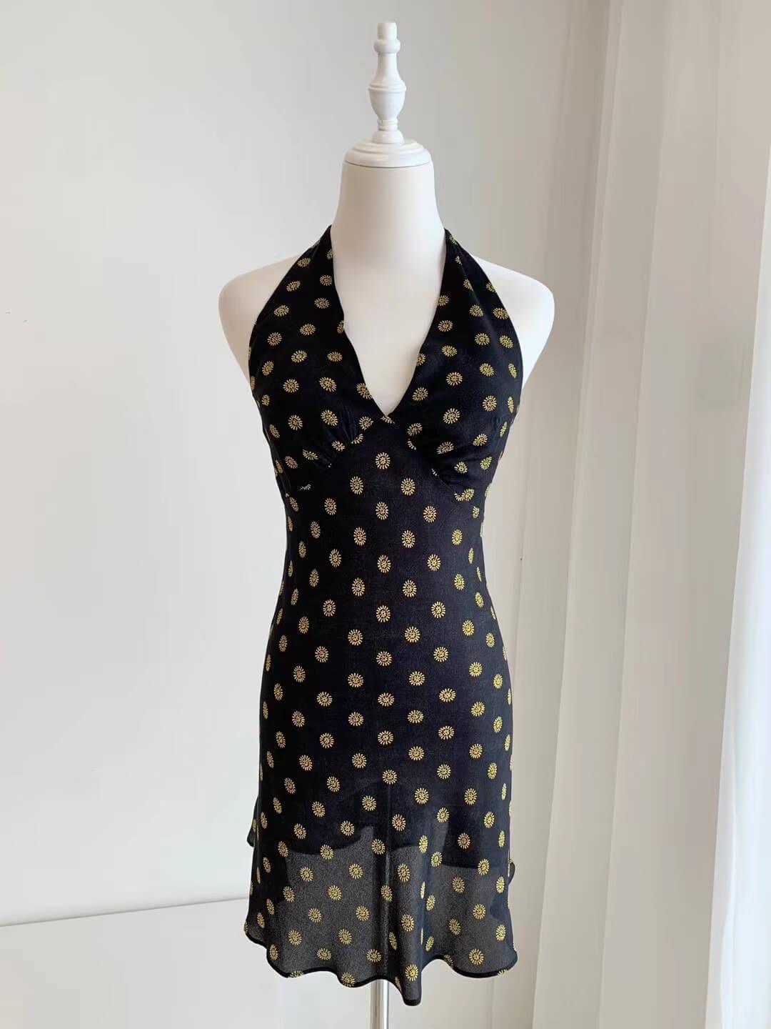 Black silk gold polka dot dress | EnerChic ™ - EnerChic