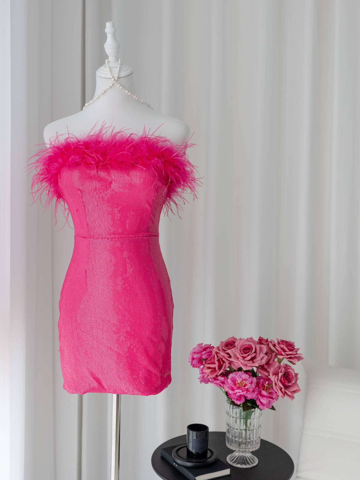 Rose red ostrich fur sequin party dress | EnerChic ™ - EnerChic