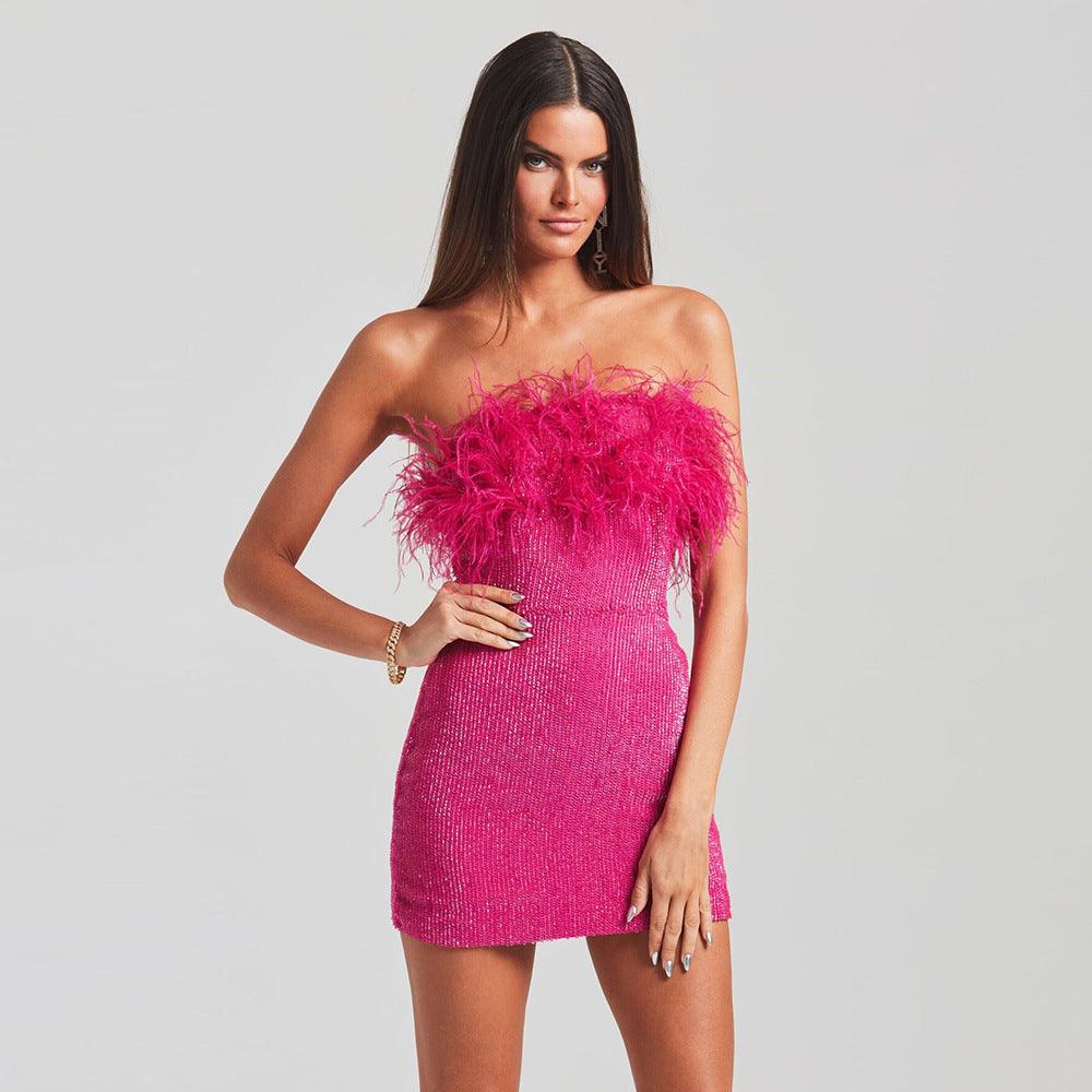 Rose red ostrich fur sequin party dress | EnerChic ™ - EnerChic
